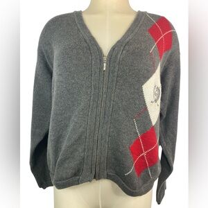 Liz Golf Gray and Red Argyle Women's Cardigan Sweater Small